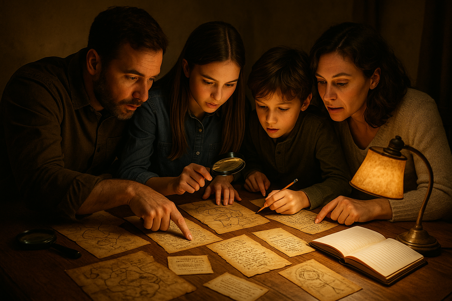 Family examining mysteries documents trying to solve the clues